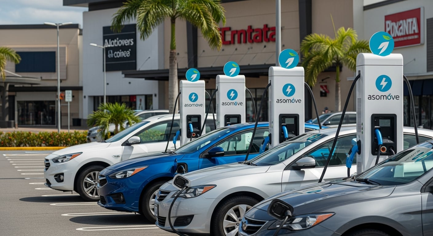 Tres vehículos eléctricos (blanco, azul y gris) se cargan en una estación múltiple de Asomove en un moderno centro comercial en Costa Rica, destacando el avance de la infraestructura sostenible en el país. (Imagen Ilustrativa Infobae)