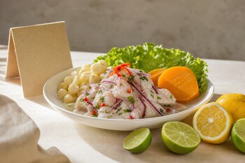 Plato blanco con ceviche, cebolla morada, choclo, camote y lechuga, junto a limones cortados y un cartel de cartón en blanco.
