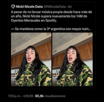 Una publicación de Twitter sobre los oyentes de Spotify de Nicki Nicole. Abajo, dos fotografías idénticas de la artista argentina con buzo camuflado y boca abierta
