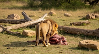 León macho de pie sobre hierba, comiendo un cadáver animal. Troncos de árboles y rocas esparcidos en un entorno de sabana con vegetación baja.