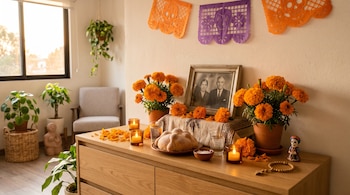 Cómoda con flores de cempasúchil, pan de muerto, velas, vasos, sal, una foto enmarcada en blanco y negro y papel picado en la pared.