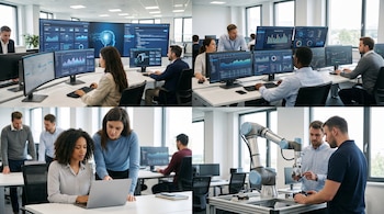 Varias personas trabajan en una oficina moderna. Hay computadoras con gráficos, una laptop y un brazo robótico. Una pantalla muestra un cerebro digital.