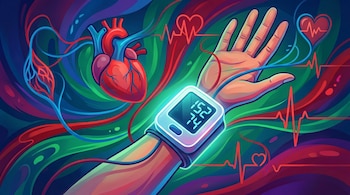 Ilustración de una mano con tensiómetro digital, un corazón anatómico, y líneas de pulso y vasos sanguíneos en un fondo vibrante.