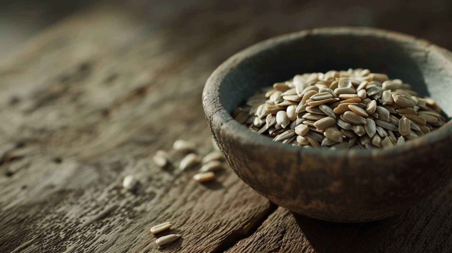 Un puñado de semillas de girasol reposa sobre una mesa de madera iluminada por la luz del sol (Imagen Ilustrativa Infobae).