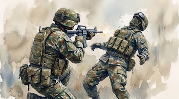 Dos soldados con uniforme de camuflaje y casco, uno apunta un rifle frente al otro sobre un fondo neutro de acuarela.