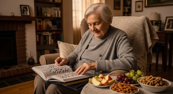 Anciana de cabello blanco sentada en un sillón, concentrada en un libro de crucigramas. A su lado, platos con uvas, manzanas, almendras y nueces.