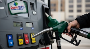 Primer plano de una mano sujetando una manguera de gasolina verde en un surtidor gris, con números digitales de costo ascendiendo y un logo borroso.