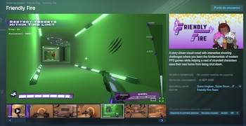 Captura de pantalla de la tienda de un videojuego con vista de disparos, un panel con personajes ilustrados y datos de lanzamiento