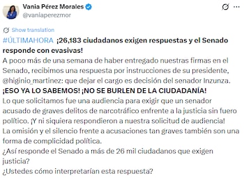 Vania Pérez acusa al Senado de ignorar la exigencia de más de 26 mil ciudadanos que piden la salida de Inzunza.
