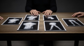 Una mesa de madera con seis fotografías borrosas en blanco y negro. Tres manos de personas están visibles alrededor de las imágenes.