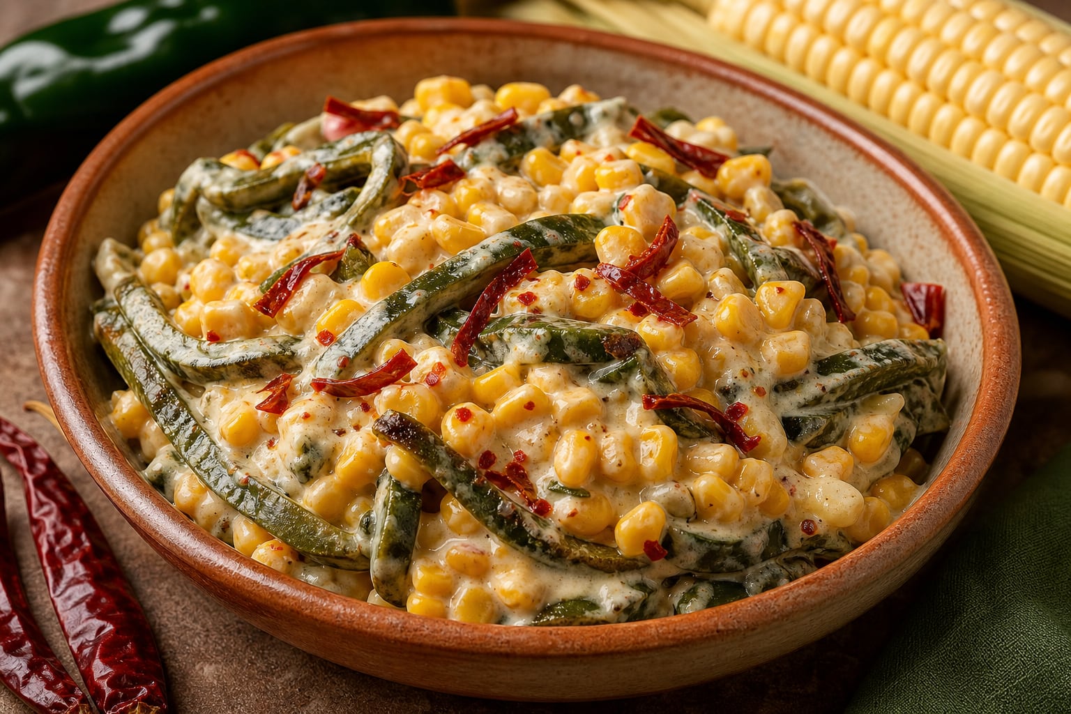 Un recipiente de barro contiene rajas de chile poblano mezcladas con granos de elote, crema y trozos de chile de árbol seco. (Imagen Ilustrativa Infobae)