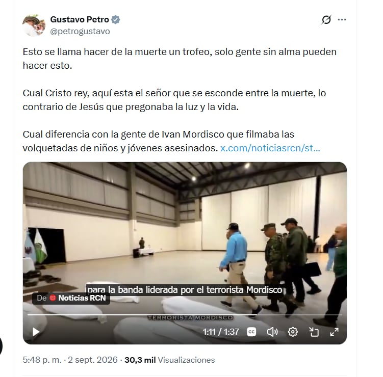 El expresidente Gustavo Petro cuestionó al mandatario De la Espriella por la exposición de cuerpos de presuntos criminales dados de baja - crédito @petrogustavo/X
