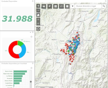 La herramienta digital identifica con colores la oferta VIS, VIP y No VIS, e informa la ubicación, el estado del proyecto y las viviendas sin vender - crédito Secretaría Hábitat Bogotá