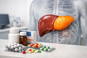 Modelo 3D de torso humano con hígado resaltado, parte anaranjada indicando hígado graso. Medicamentos en envases y blísters sobre mesa en consultorio médico.