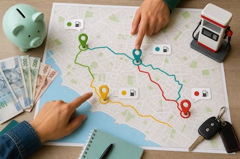 Mapa urbano con rutas trazadas sobre una mesa, acompañado por billetes peruanos, una alcancía, un surtidor en miniatura, llaves y dos manos.