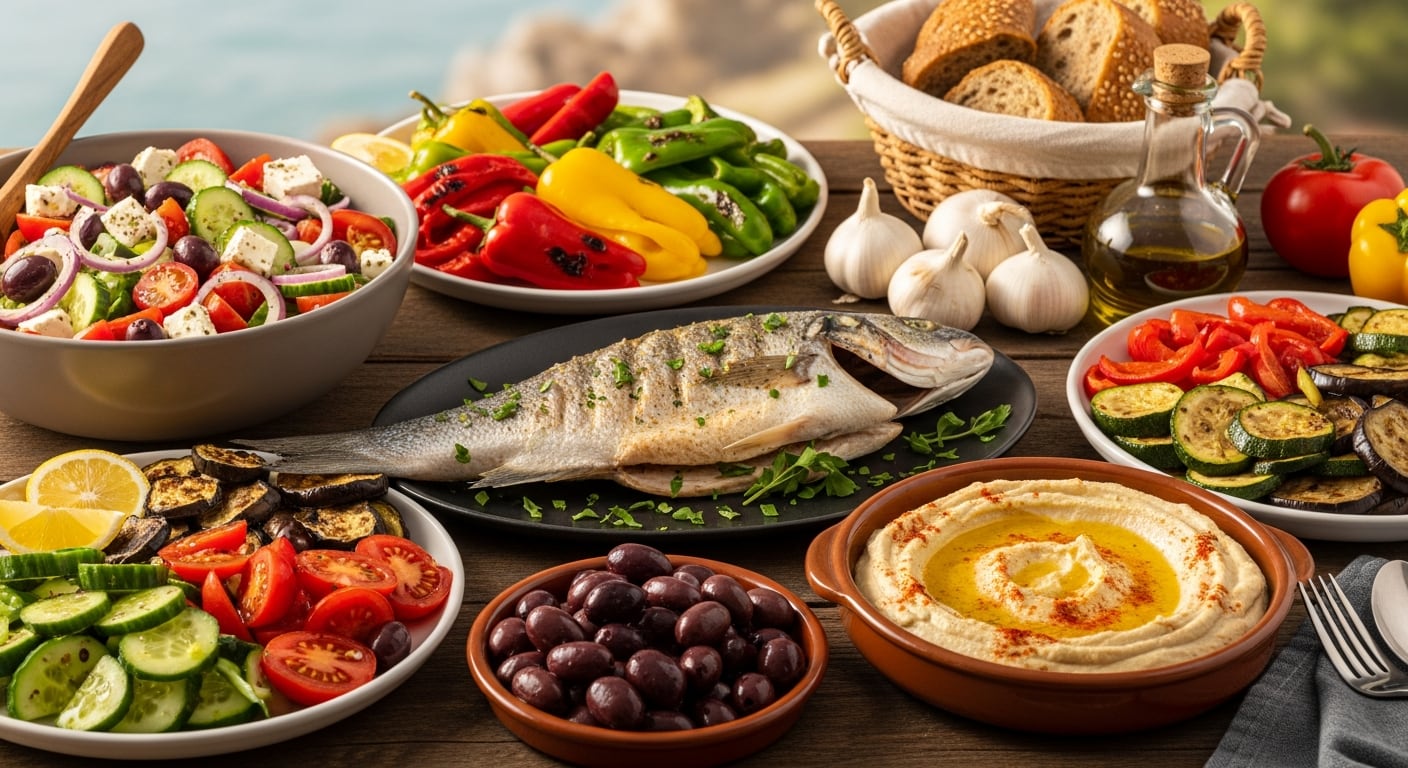 Una mesa de madera muestra un conjunto de platos que componen una comida mediterránea, con pescado, ensaladas, verduras asadas, hummus y pan. (Imagen Ilustrativa Infobae)