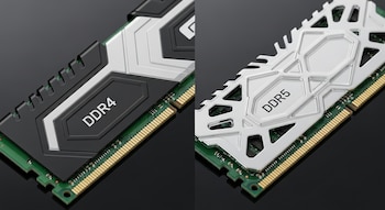 Dos módulos de memoria RAM vistos en primer plano sobre un fondo oscuro, uno etiquetado como DDR4 en negro y plata, y el otro como DDR5 en plata calada.