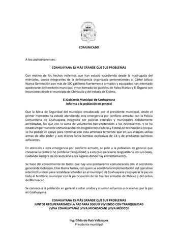 Coahuayana CJNG Comunicado