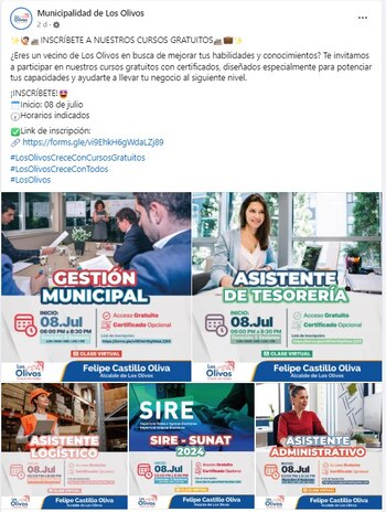 Municipalidad de Los Olivos anuncia cursos gratis
