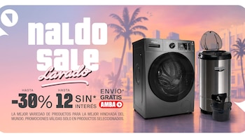 Póster publicitario con lavarropas Whirlpool oscuro y centrifugadora Koh-i-noor plateada. Fondo con palmeras. Texto: Naldo Sale Lavado