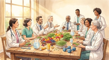 Ilustración de un grupo de oncólogos de diversas edades y géneros alrededor de una mesa con frutas, vegetales, agua, protector solar, pesas y un cepillo de dientes.