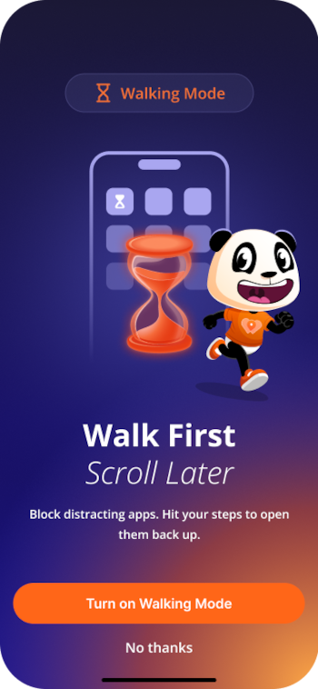 Pantalla de aplicación móvil con botón 'Walking Mode', ilustración de un reloj de arena, un panda corriendo y texto en inglés
