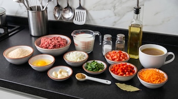 Múltiples tazones pequeños sobre encimera oscura en cocina. Contienen carne molida, pan rallado, huevo, leche, verduras picadas, ajo, especias, aceite y caldo.