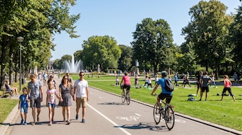 Una vista de un parque verde y soleado con árboles, una fuente y varias personas caminando, andando en bicicleta y haciendo ejercicio en el césped.