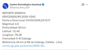 Captura de pantalla de un tuit del Centro Sismológico Nacional mostrando un reporte sísmico de magnitud 4.0, fecha 01/05/2026 y hora 03:13:17