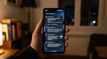 Una mano sostiene un teléfono inteligente con varias notificaciones en la pantalla dentro de una habitación iluminada.