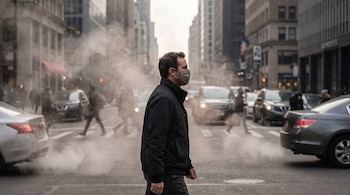 Hombre con mascarilla gris en primer plano, caminando en una calle de ciudad con vapor, vehículos y edificios altos al fondo. Peatones en segundo plano.