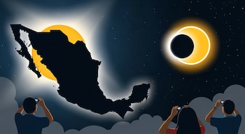 Ilustración de la silueta de México con un eclipse solar en el cielo nocturno y tres personas que observan el fenómeno con gafas especiales.
