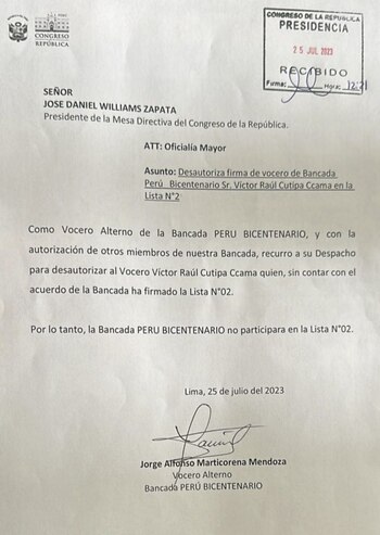 Perú Bicentenario afirma que Víctor