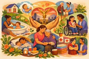 Escenas de cuidado familiar: bebés, niños, adultos, ancianos, niña en silla de ruedas, jóvenes. Ángel de la Independencia, casa, medicinas, manos.