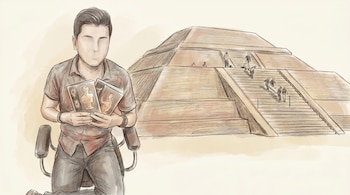 Ilustración de un hombre sin rasgos faciales visibles sentado, sosteniendo dos libros con símbolos de género, con la pirámide de Teotihuacán y figuras humanas subiendo en el fondo.