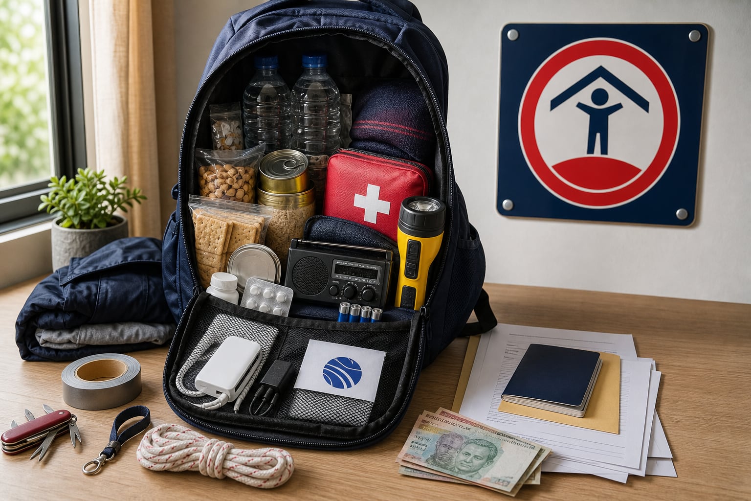 Una mochila de emergencia equipada con agua, alimentos no perecederos y botiquín reúne los elementos sugeridos para responder ante situaciones de desastre. (Imagen Ilustrativa Infobae)