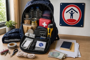 Mochila abierta con botellas de agua, comida enlatada, botiquín, radio, linterna, dinero y documentos sobre una mesa de madera.