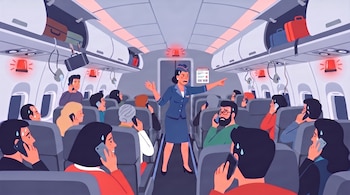 Cabina de avión con azafata señalando un aviso de emergencia; pasajeros, la mayoría con expresiones de preocupación y sudor, usan teléfonos móviles.