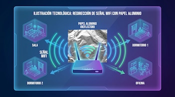 Diseño infográfico futurista mostrando un router WiFi, papel aluminio arrugado como reflector y ondas electromagnéticas que dirigen la señal a varias habitaciones.