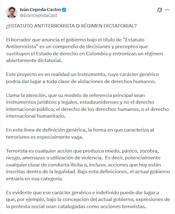 El senador de la República por el Pacto Histórico señaló que el texto tomaría como referencia principal instrumentos jurídicos y legales de Estados Unidos, en lugar del Derecho Internacional Humanitario - crédito @IvanCepedaCast/X