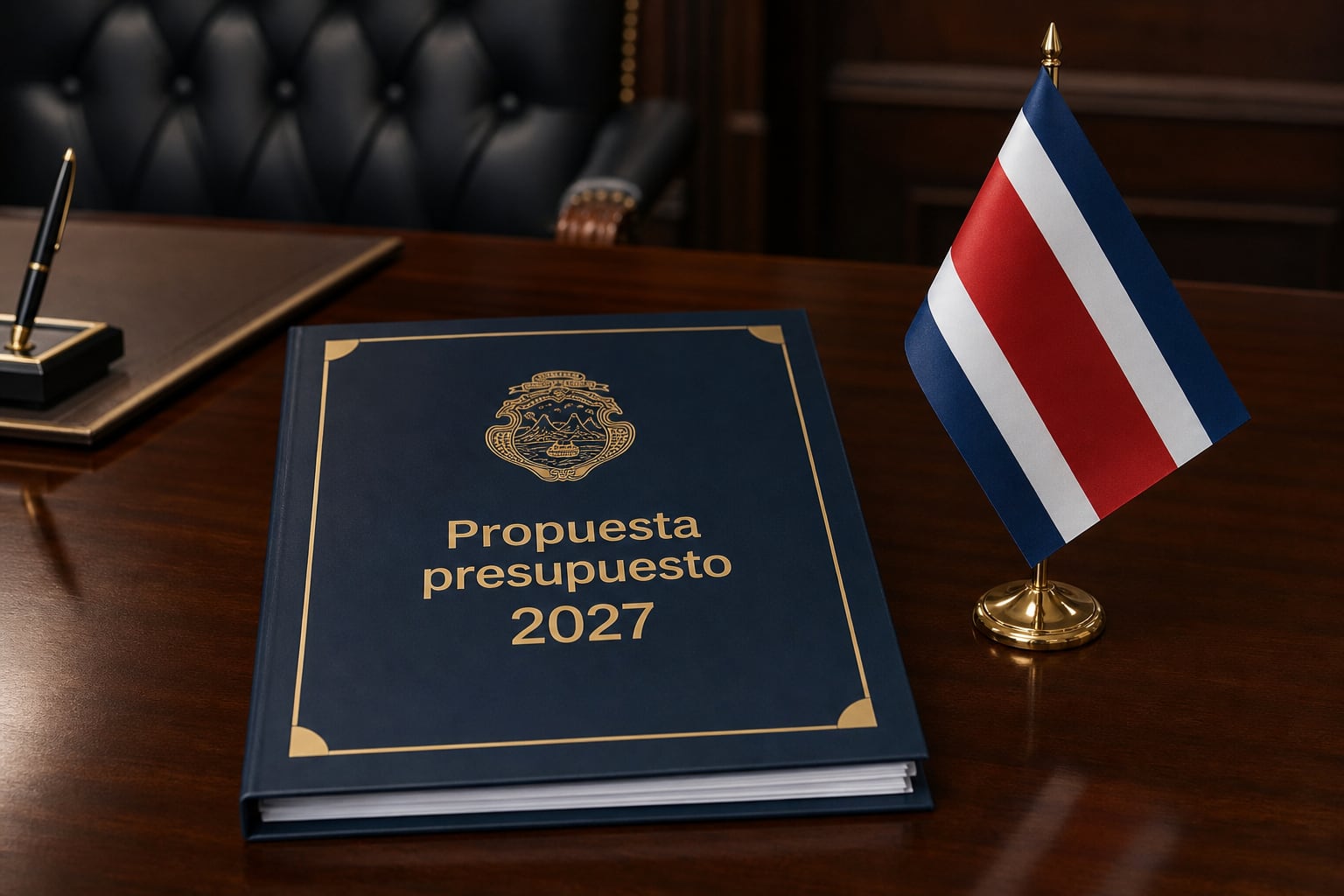 El documento oficial con la propuesta de presupuesto para 2027 reposa junto a la bandera de Costa Rica sobre un escritorio institucional. (Imagen Ilustrativa Infobae)
