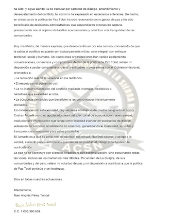 En la carta el cabecilla