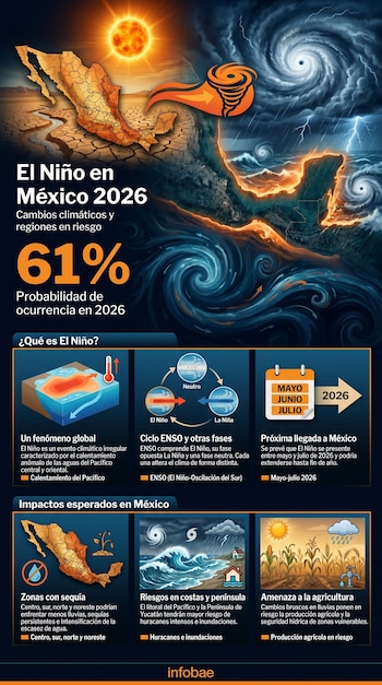 Infografía del mapa de México dividido. Un lado muestra sequía con tierra agrietada y sol, el otro un huracán sobre el mar y tormentas. Explica los impactos de El Niño 2026.