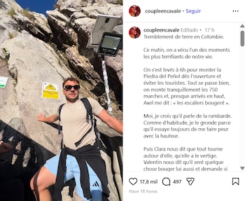 Los cuatro turistas vivieron momentos de zozobra cuando ya estaban a punto de coronar los escalones de la piedra del Peñol - crédito @coupleencavale/IG