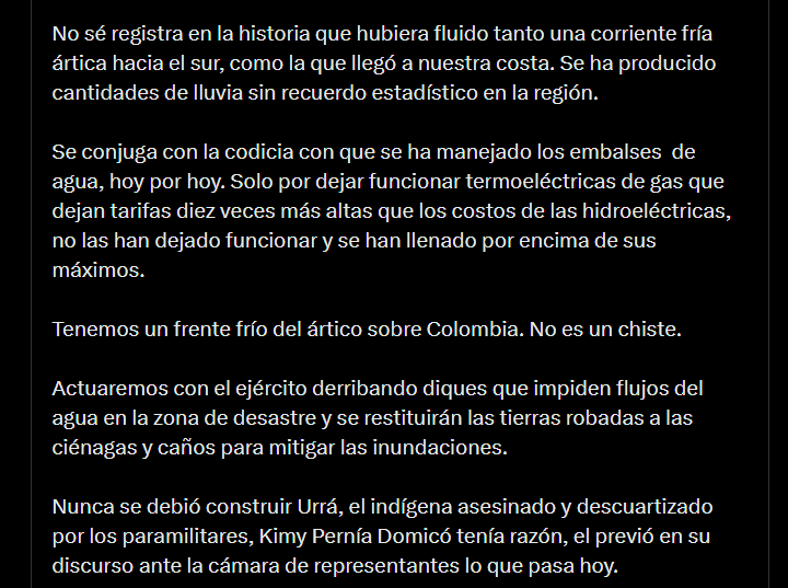 En el mensaje, Petro vaticinó que el segundo frente frío requerirá de las medidas de la