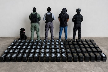Un conductor fue aprehendido en el puesto de control integral de Guabalá, en Chiriquí, luego de que las autoridades encontraran 499 paquetes de presunta droga ocultos en 14 sacos que transportaba en un camión. Tomada de la PN