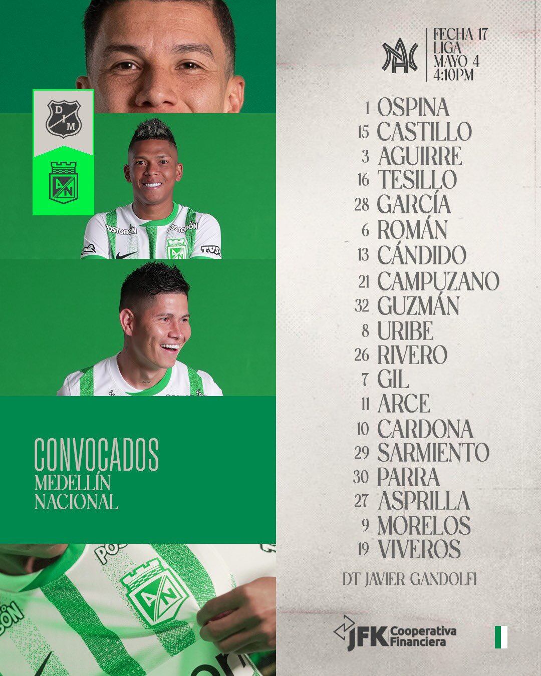Lista de convocados por Atlético Nacional para el Clásico Paisa contra el Medellín el 4 de mayo - crédito Atlético Nacional