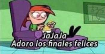 Personaje animado de piel clara y cabello rojo, sentado en sillón morado con los pies levantados, come palomitas. Texto: 'Jajaja Adoro los finales felices'