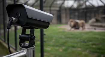 Primer plano de una cámara infrarroja negra en un poste metálico con un león y un hábitat de césped y vallas en el fondo desenfocado.