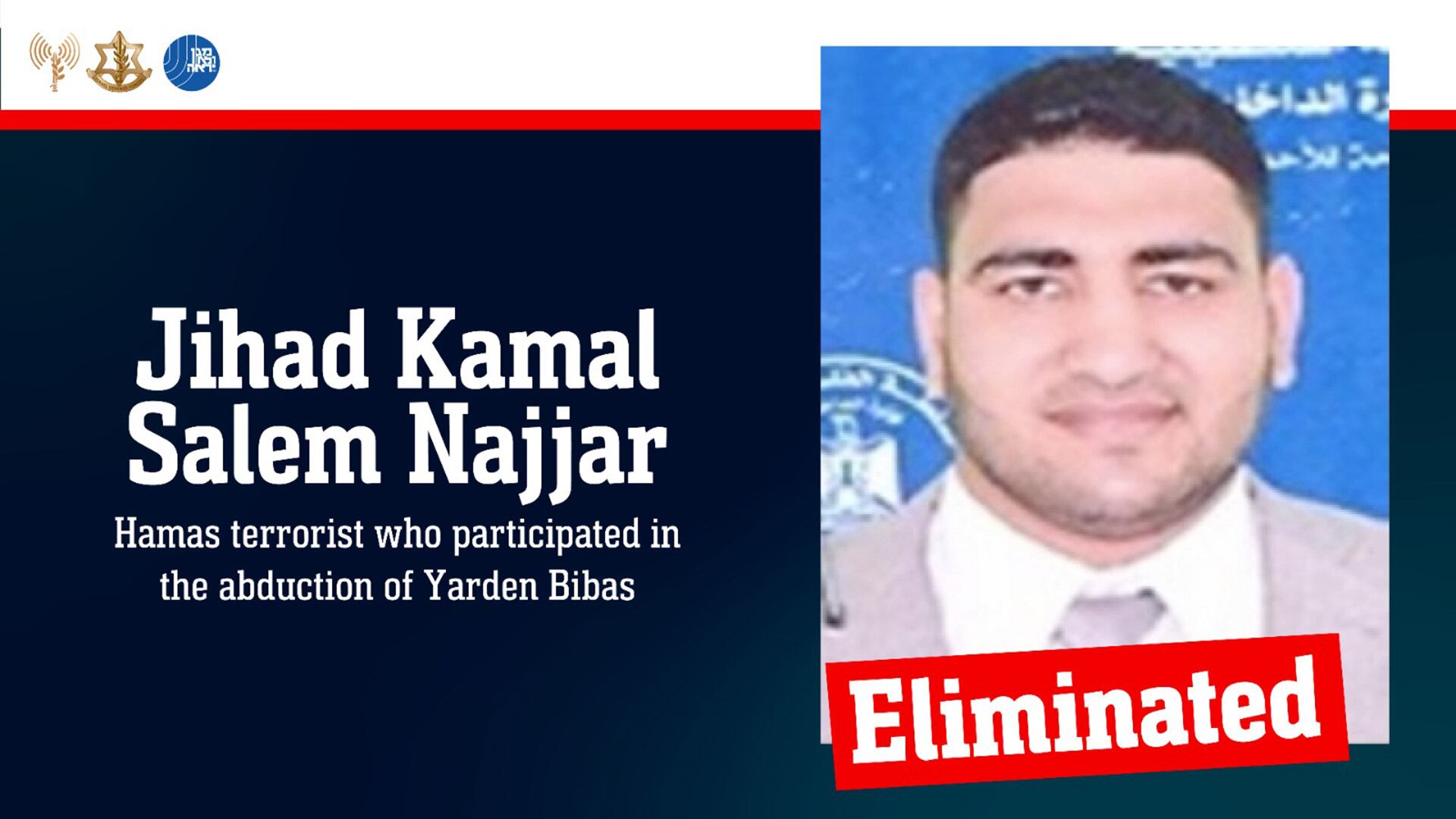 El mensaje del Ejército israelí sobre la muerte de Jihad Kamal Salem Najjar, terrorista de Hamas que participó en el secuestro de Yarden Bibas